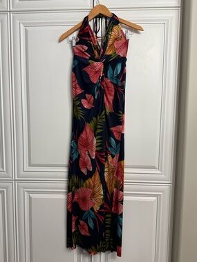 Hot Miami Styles Sz Large Halter Maxi Sundress Open Skirt Navy w/Tropical Print